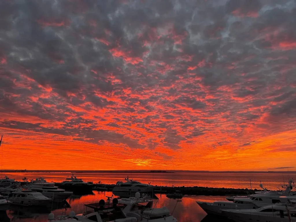 Fiery sunset over the Sea of Cortez in La Paz, Mexico, viewed during an evening yacht cruise. 