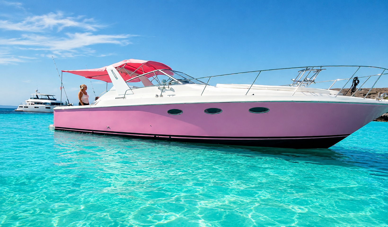 ChatGPT Image May 7 2026 at 07_43_20 AM - Lover Lips Yachts - Lover Lips Yachts Bright pink motorboat anchored on turquoise water, a woman stands on the deck under a pink canopy with a clear blue sky above.