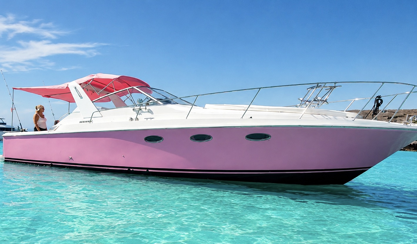 Pink motorboat on turquoise water with a pink canopy, a person standing at the stern against a clear blue sky.