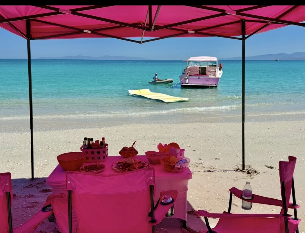 Pink beach party setup under a canopy with a table of snacks and drinks, pink chairs, and turquoise sea in the background. A boat is anchored offshore near a small kayak or dinghy.