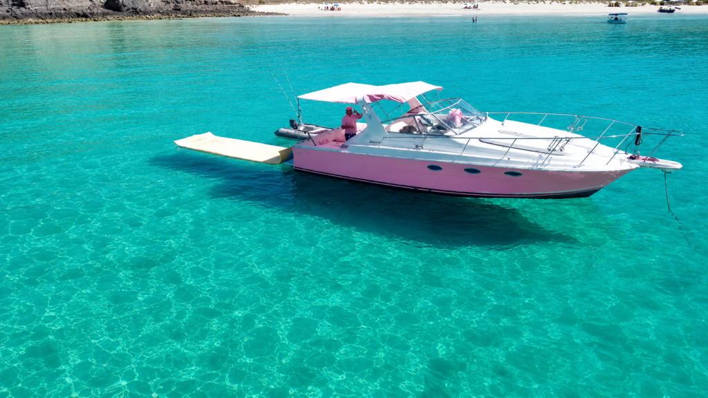 Pink motorboat with white canopy anchored in clear turquoise water near a sandy beach.
