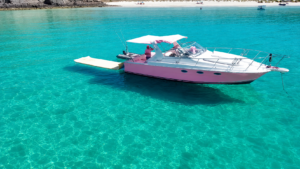 Private Pink Yacht Charter in Crystal Clear Waters Near Balandra Beach, La Paz Mexico - Lover Lips Yachts - Lover Lips Yachts Pink motorboat with white canopy anchored in clear turquoise water near a sandy beach.